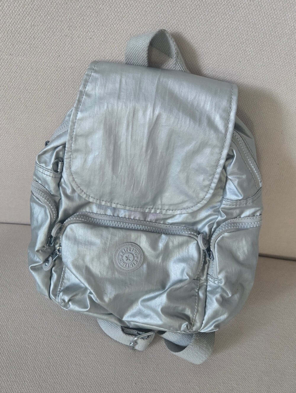Kipling City Pack Mini Backpack Silver Metallic 11.5"x10.5"x5.5" With Pockets